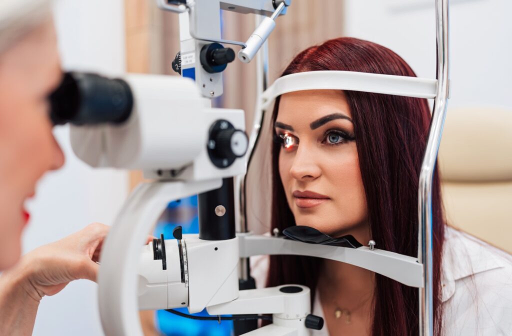 A person undergoing an eye examination with a slit lamp.