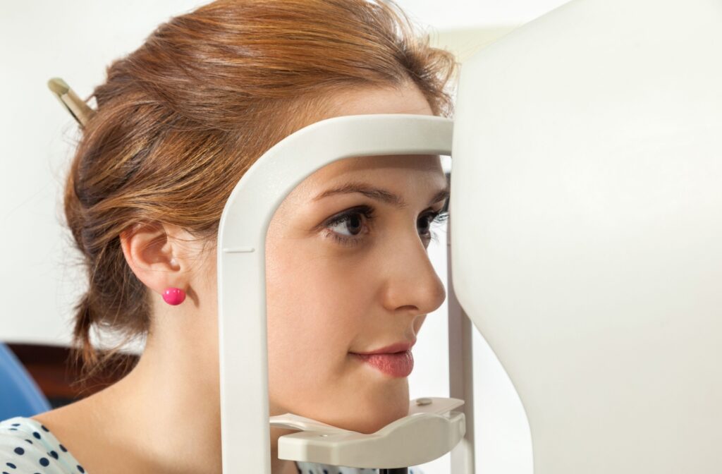 A close up of a patient having a visual field eye test during a comprehensive eye exam.
