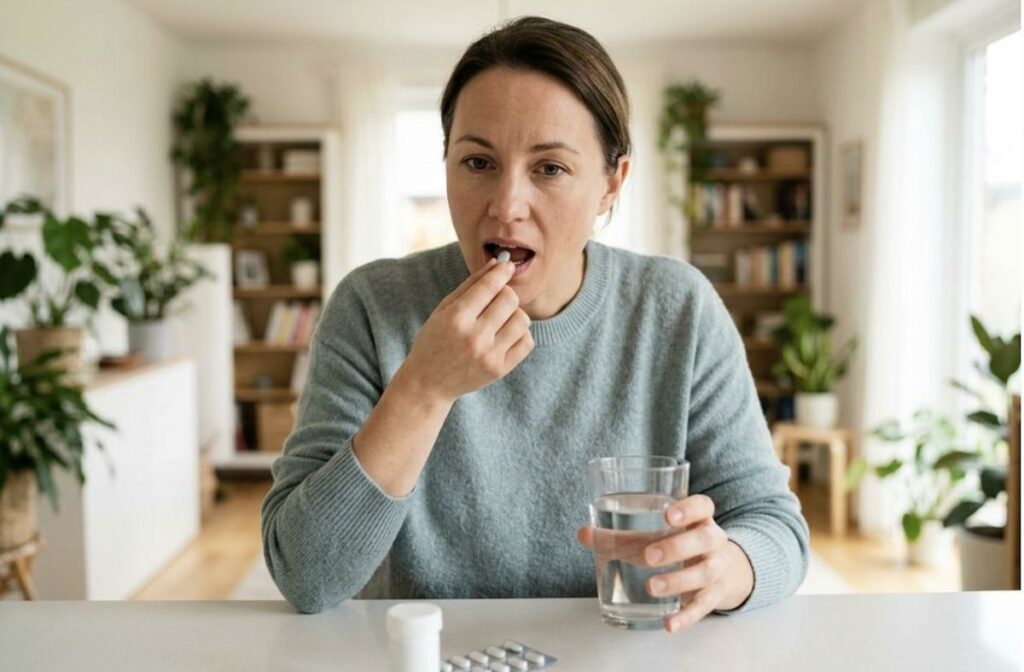 A person sitting at a table in their home, taking a antibiotic.
