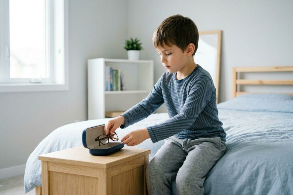 A focused child sitting on a bed takes eyeglasses from an open case resting on a bedside table.