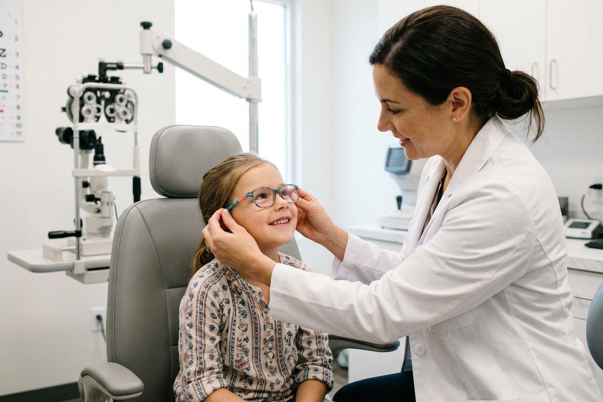 A smiling optometrist adjusts colorful glasses on a smiling child sitting in an exam chair in an eye clinic.