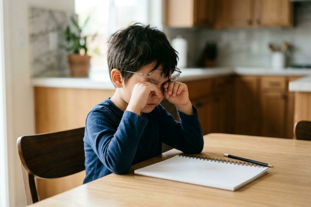 A child sits at a kitchen table rubbing their eyes with both hands, pushing up their glasses. A blank notebook and pencil are on the table.