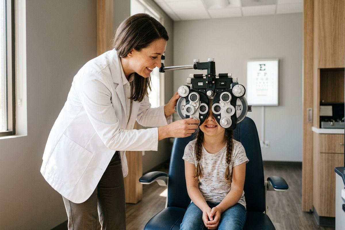 A smiling optometrist adjusts an eye exam machine for a seated child looking through the lenses.