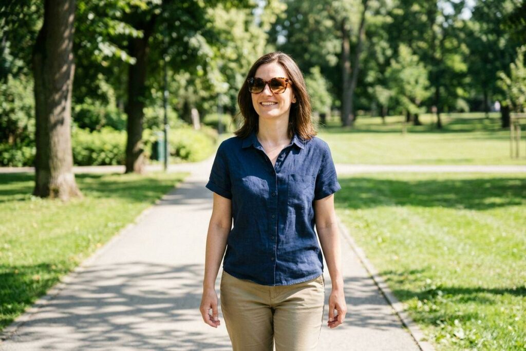 A smiling adult walks on a paved path through a grassy park, wearing sunglasses, a dark blue short-sleeved shirt, and khaki pants.
