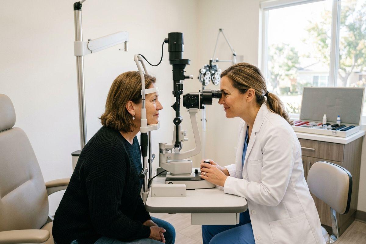 A smiling optometrist examines an adult patient's eyes using a slit lamp in a clinic.
