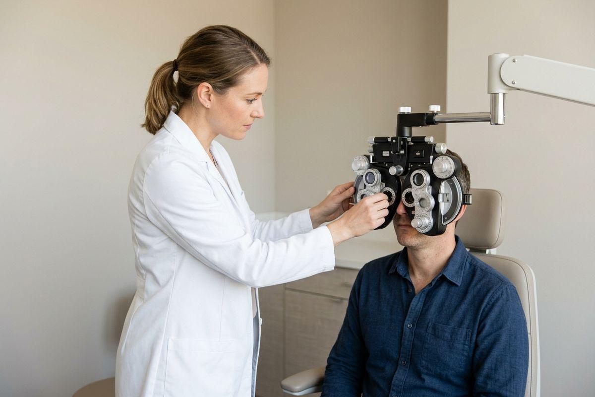 Focused optometrist in Fountain Valley adjusting a phoropter in front of an adult patient seated in an exam chair.